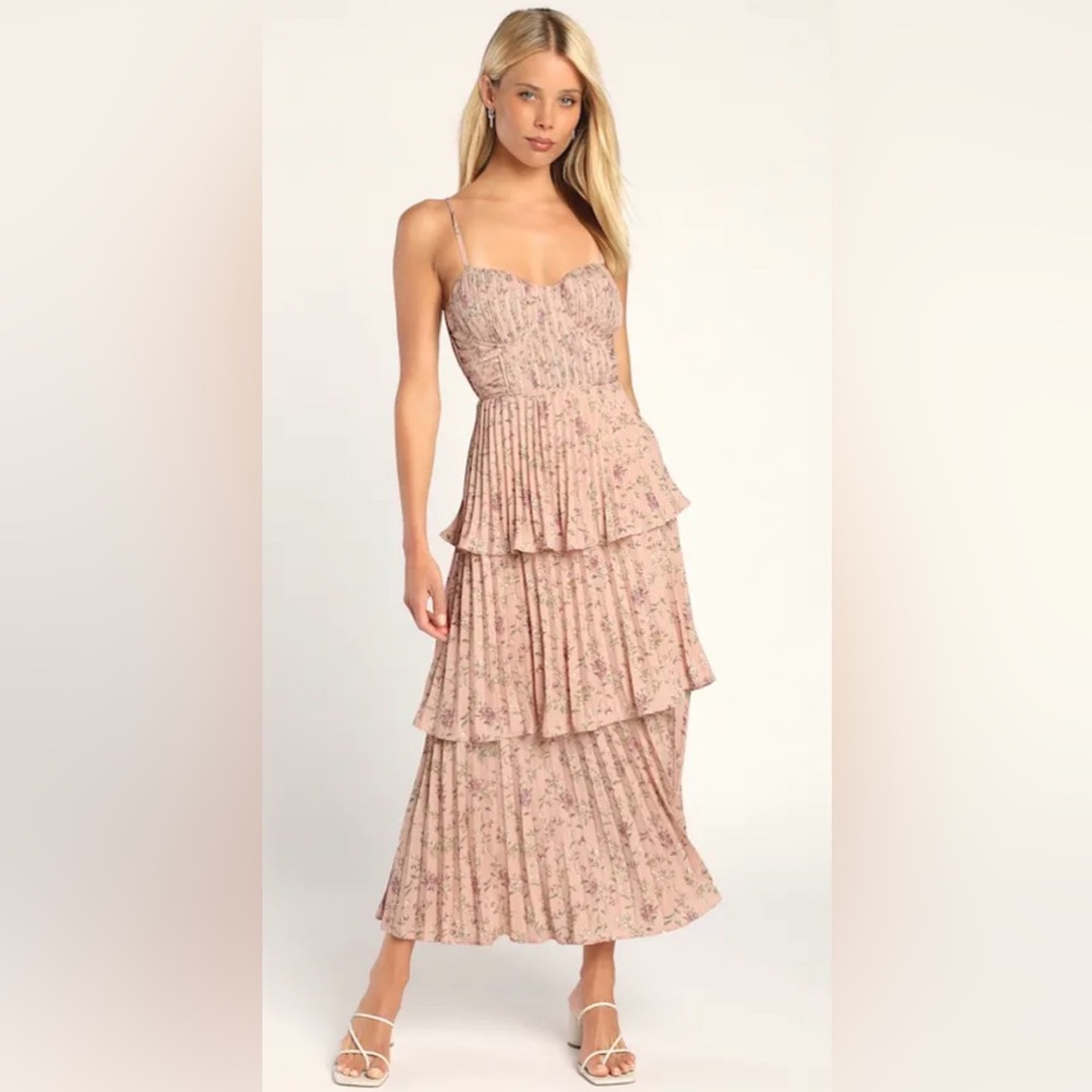 Lulu's Cascading Crush Pink Floral Print Tiered Bustier Midi Dress - Picture 15 of 15